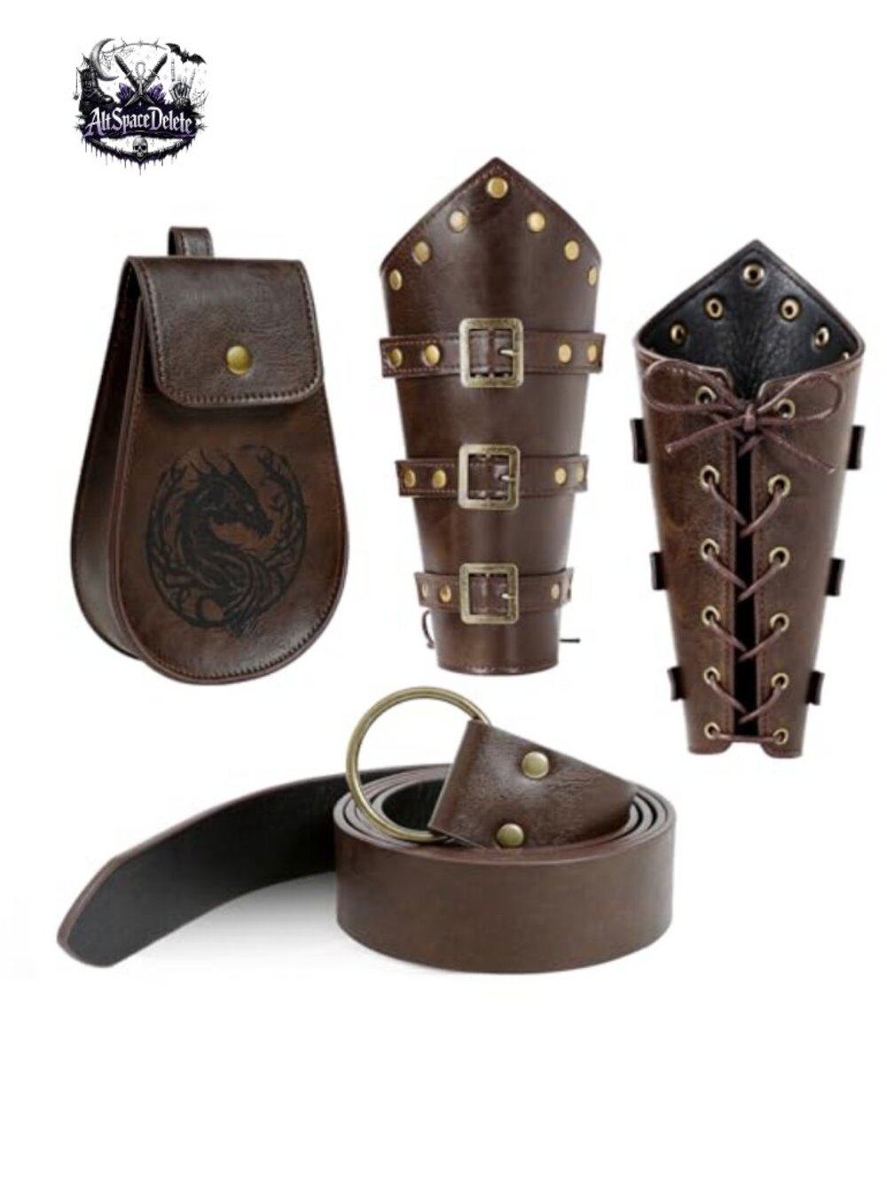 Faux Leather Renaissance Pirate Belt Pouch Bracers Costume Set Adjustable